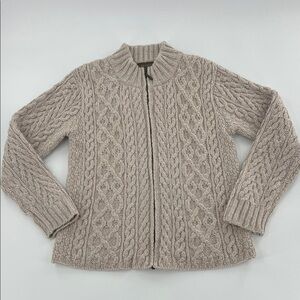 Inis Crafts women’s Cable Knit Beige Sweater Classic fisherman zip up neutral M